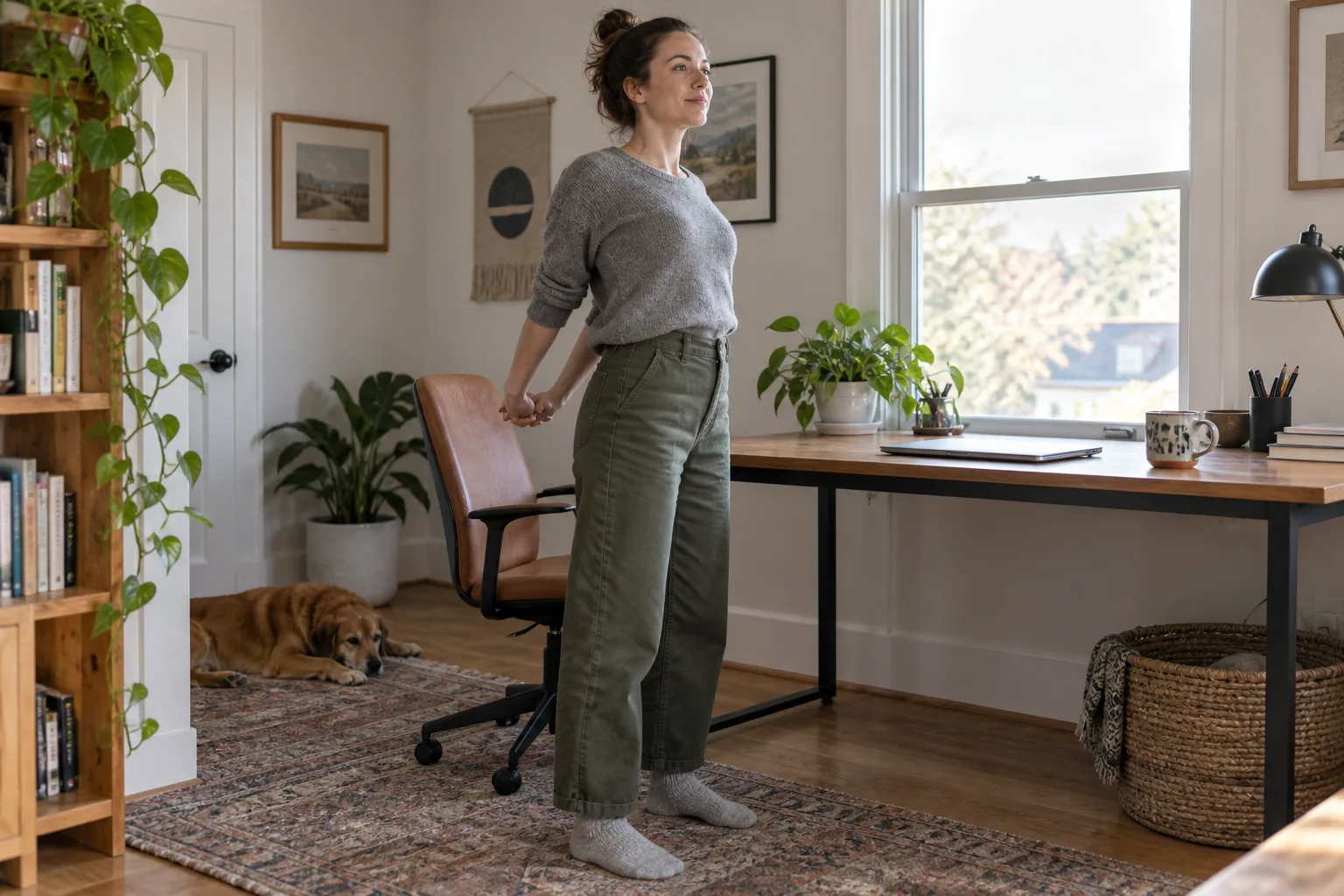 A woman taking a standing movement break beside her desk in a sunlit home office.