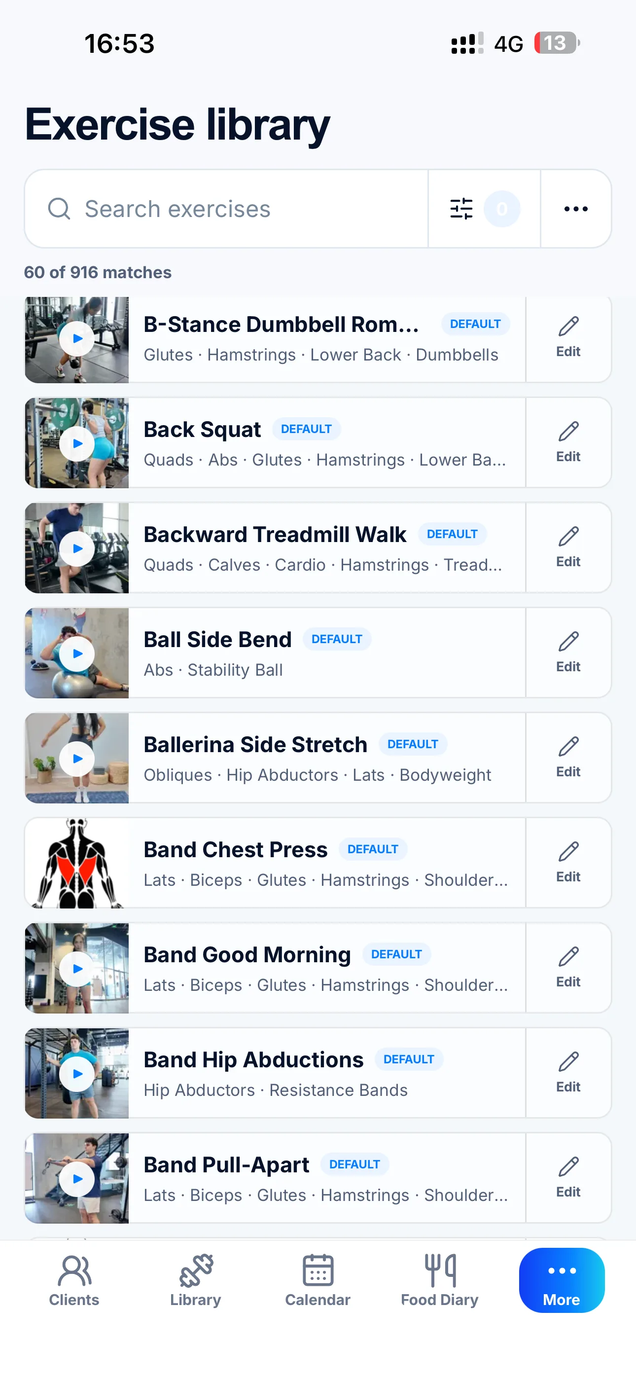 undefined screenshot of an exercise library from an app for personal trainers. each exercise has a video demo and a title