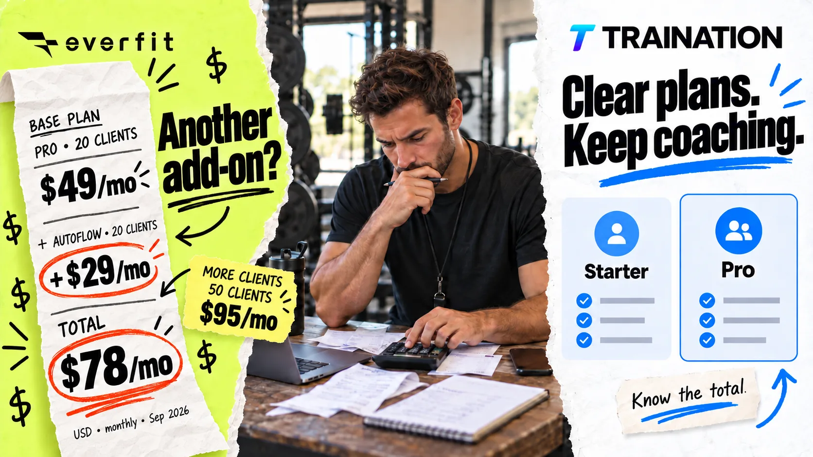 Trainer checks receipts beside Everfit’s $49 Pro and $29 Autoflow example totaling $78 per month, a note showing 50 clients at $95 per month, and Traination Starter and Pro cards