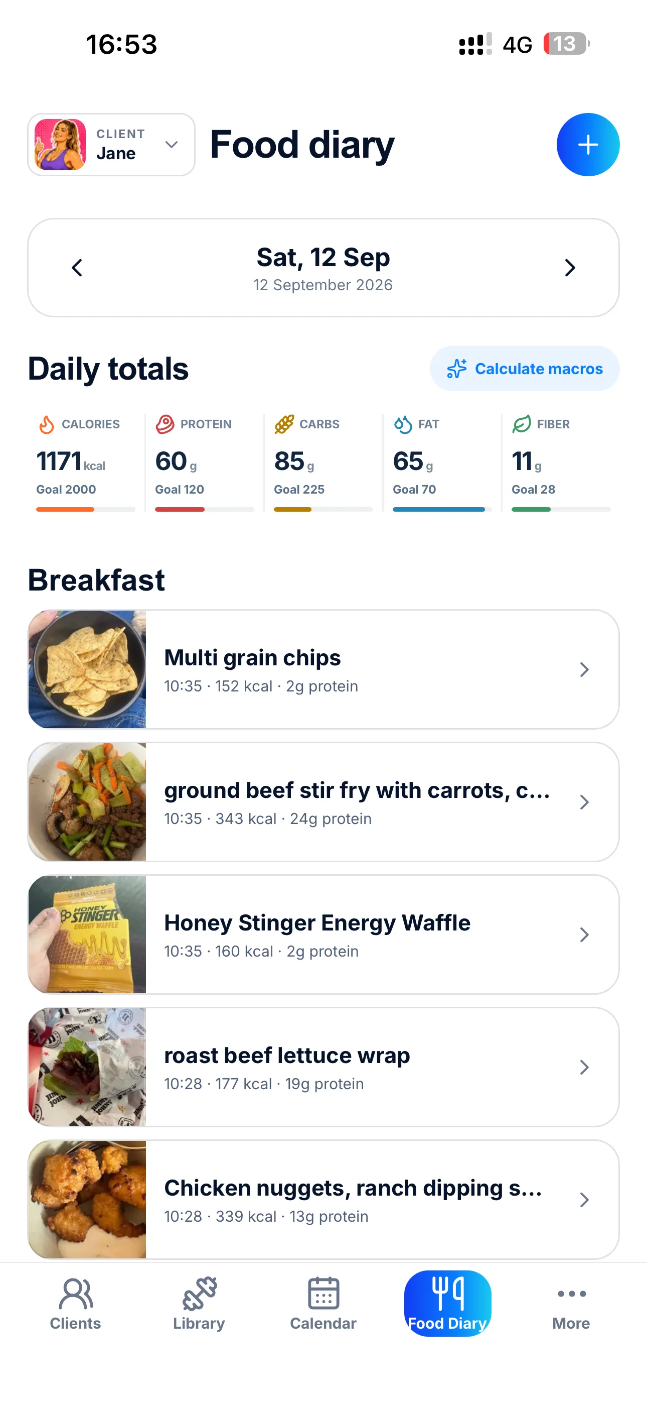 undefined a screenshot of a food diary log with the daily total macros and meals information