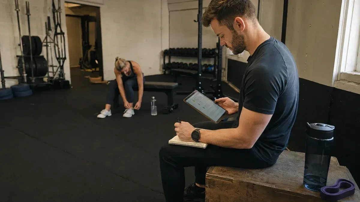 undefined Personal trainer reviewing a client program on a tablet
