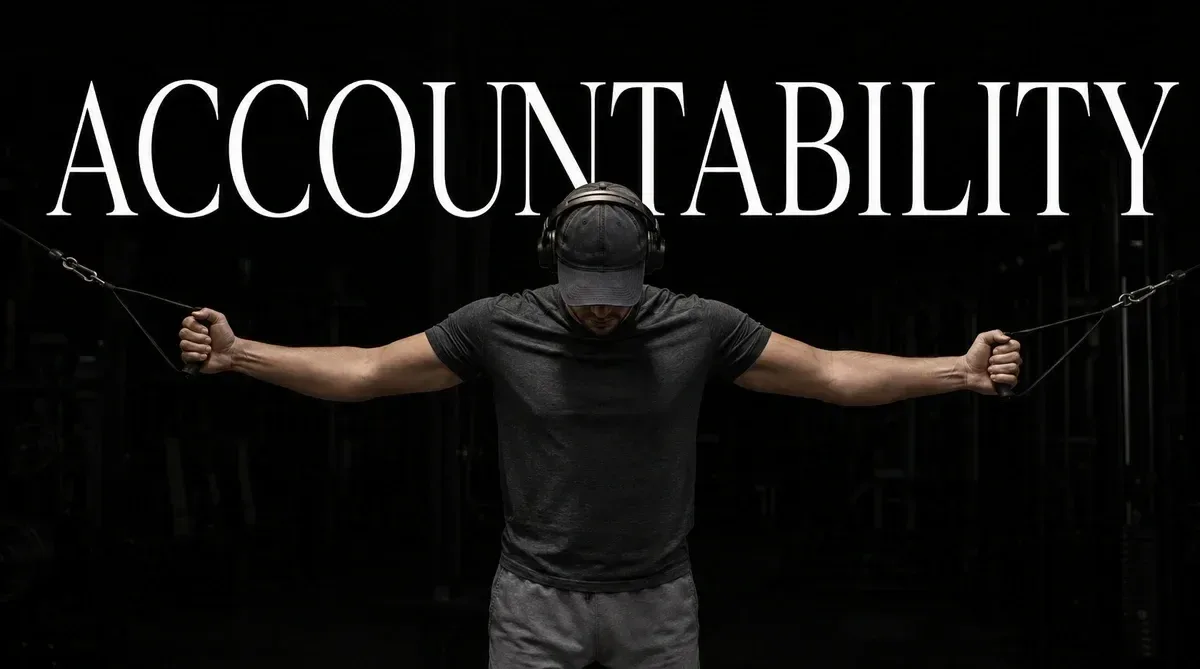 Personal trainer performing a cable exercise under word Accountability