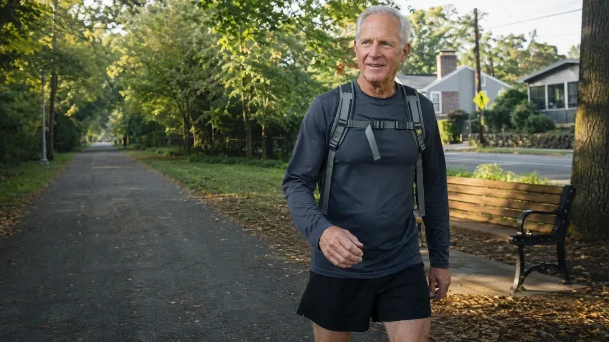 undefined A fit senior male walking on trail outside