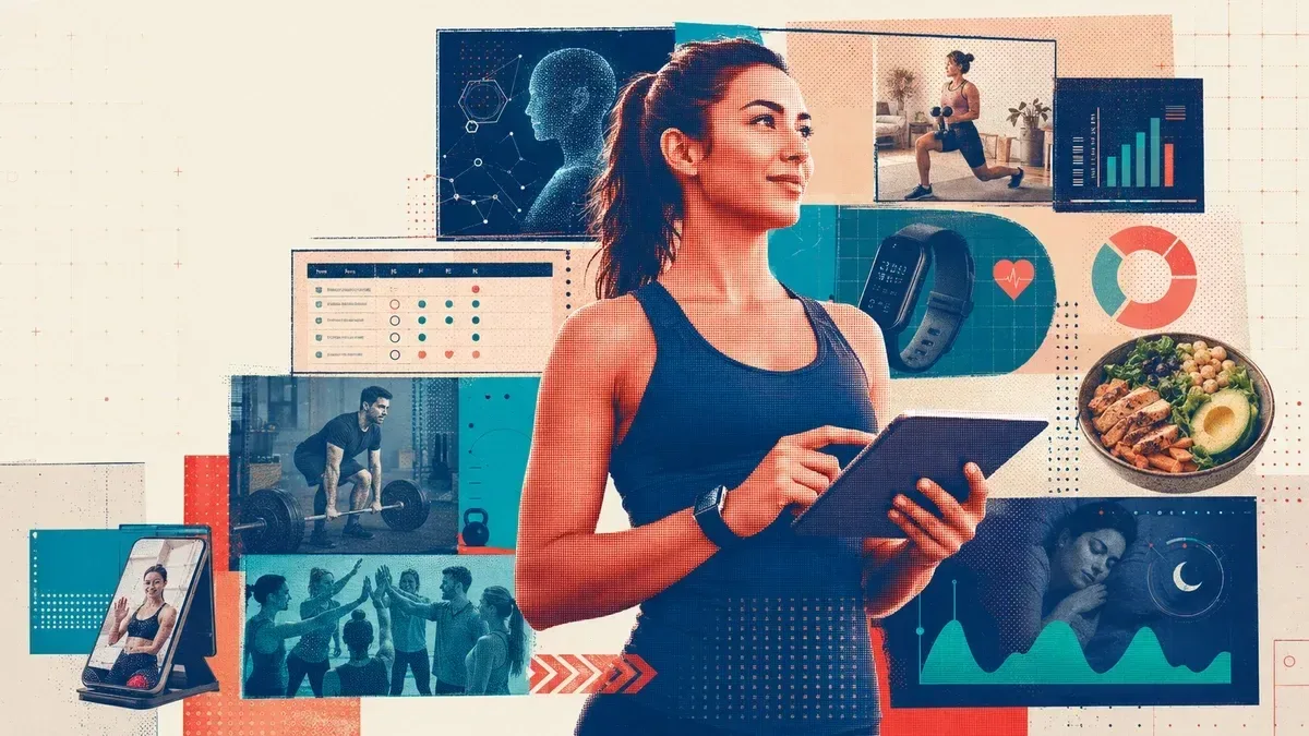 Editorial collage of a personal trainer holding a tablet, surrounded by fitness tech, wearable data, nutrition, online coaching, recovery, and workout trend visuals in a bold halftone style.